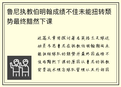 鲁尼执教伯明翰成绩不佳未能扭转颓势最终黯然下课